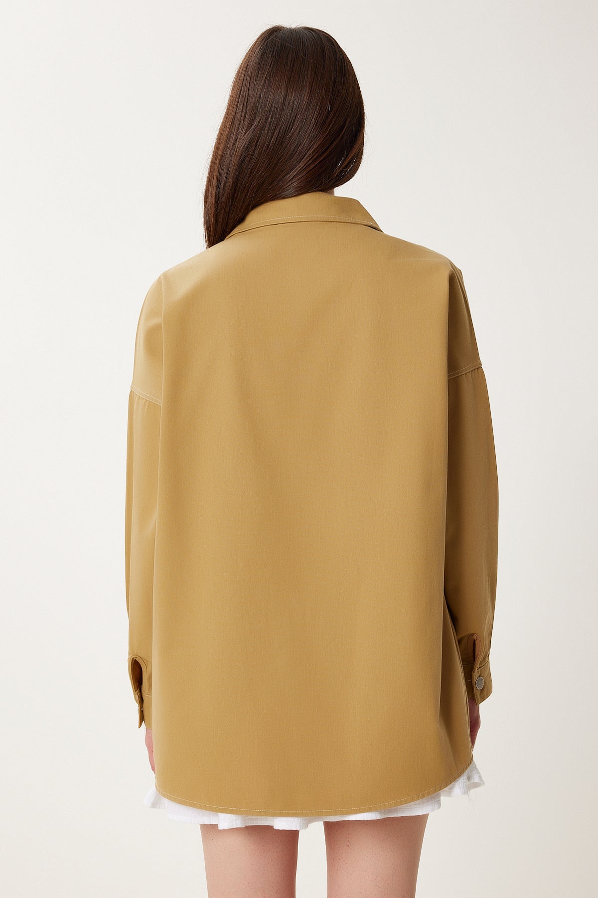 Zeytin Yeşili Taşlı Oversize Gabardin Gömlek Ceket SA00040