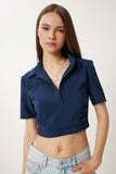 Lacivert Polo Yaka Crop Ayrobin Bluz WF00136