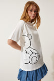Beyaz Baskılı Oversize Örme T-Shirt HF00457