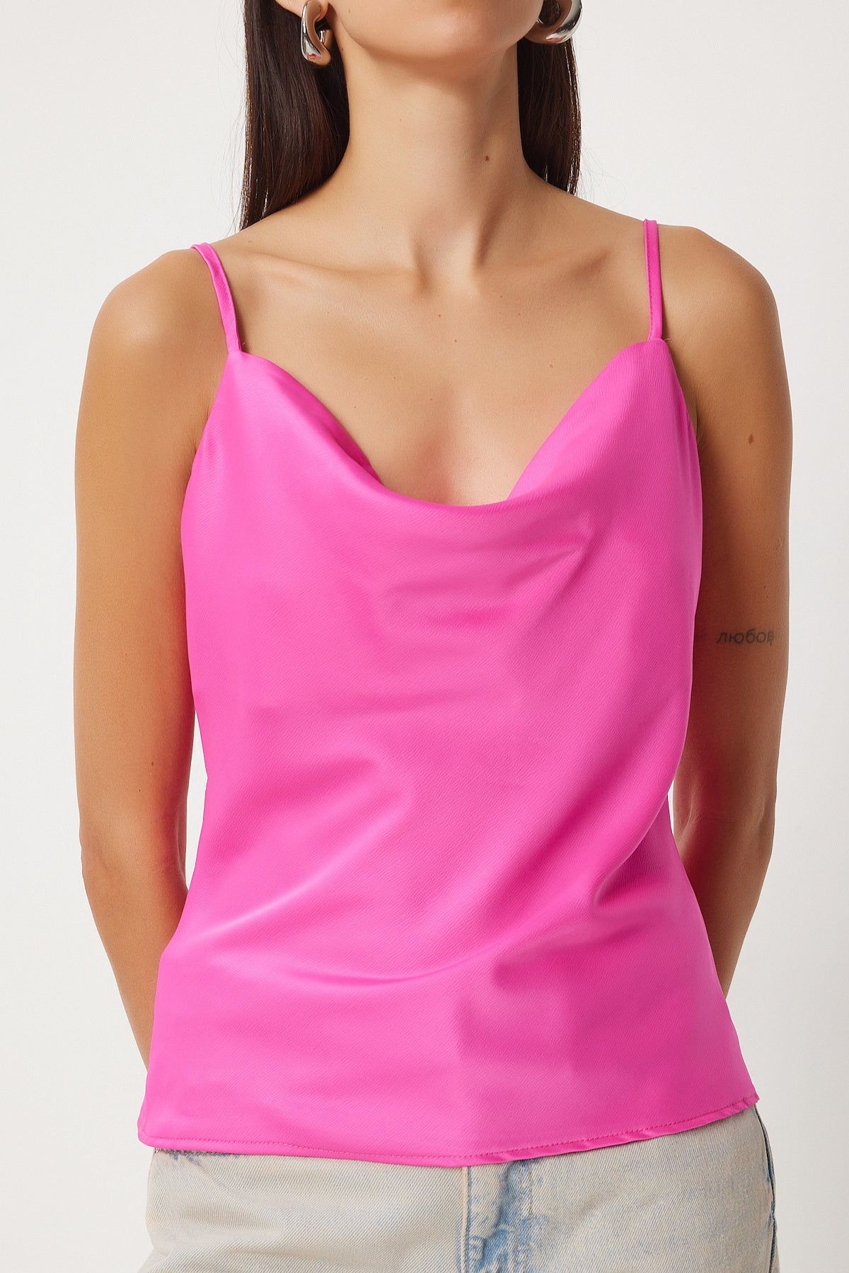Pembe Saten Yüzeyli Degaje Yaka Dokuma Bluz  FN03354