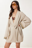 Bej Nakış İşlemeli Kuşaklı Keten Kimono BV00176