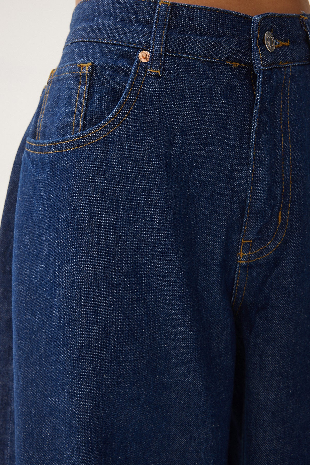 Koyu Mavi Yüksek Bel Geniş Paça Jeans RH00032