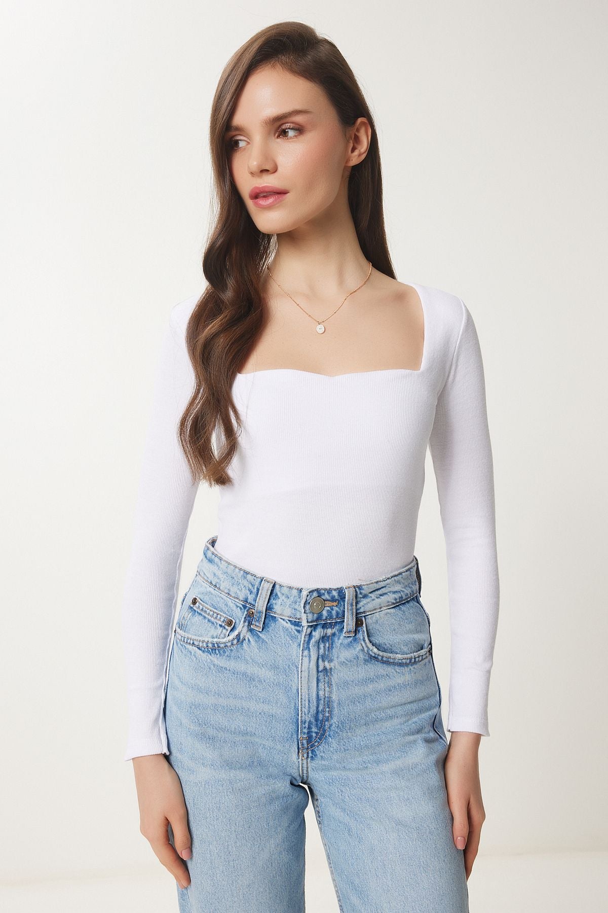 Kırmızı Beyaz 2'Li Kalp Yaka Fitilli Örme Bluz GT00231