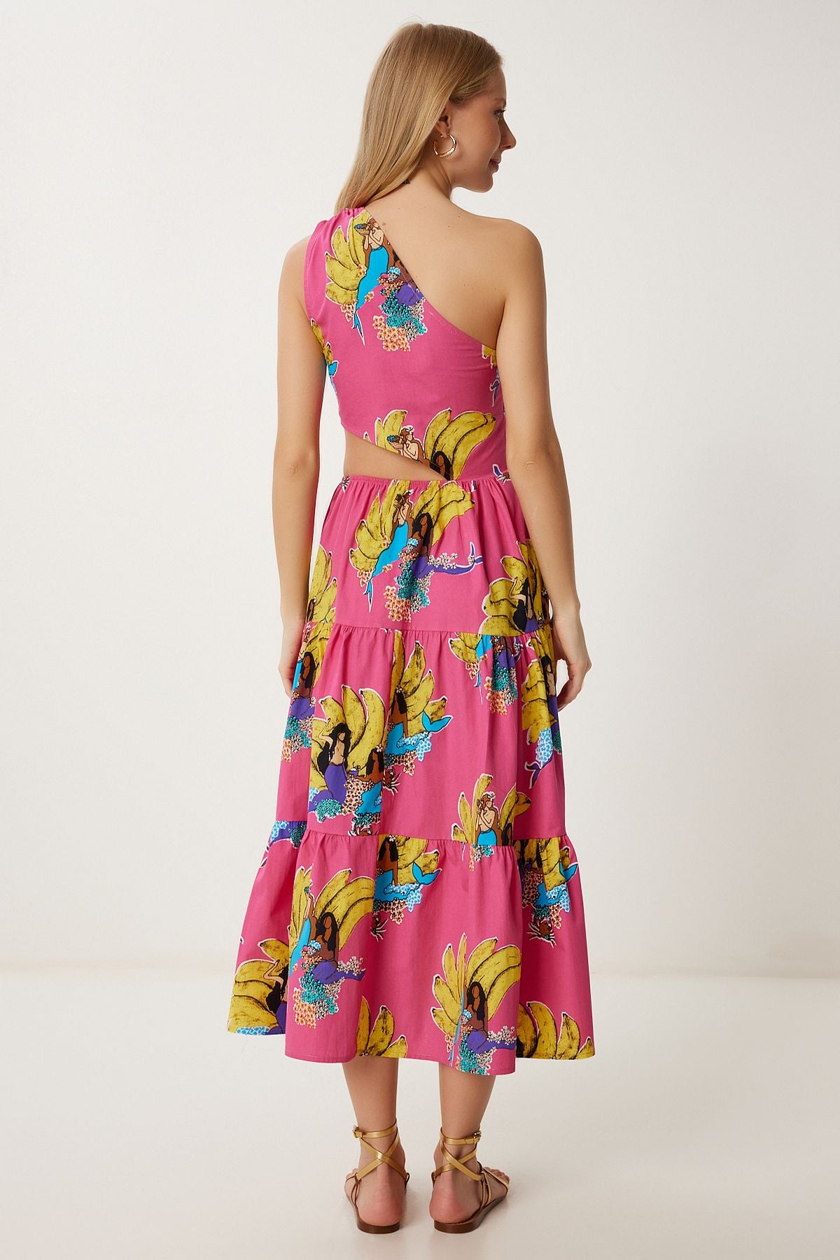 Pembe Sarı Tek Omuz Desenli Midi Poplin Elbise FK00018