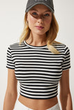 Siyah Çizgili Crop Örme T-Shirt NJ00139