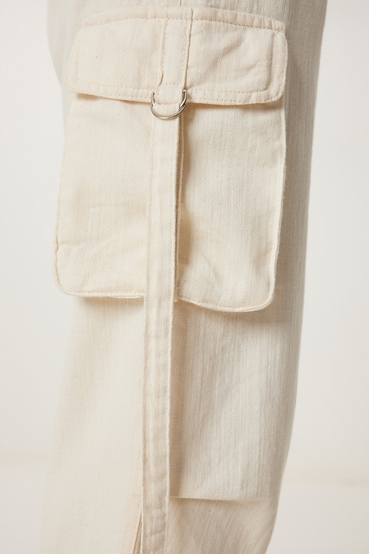 Krem Kargo Cepli Geniş Paça Keten Pantolon PB00043