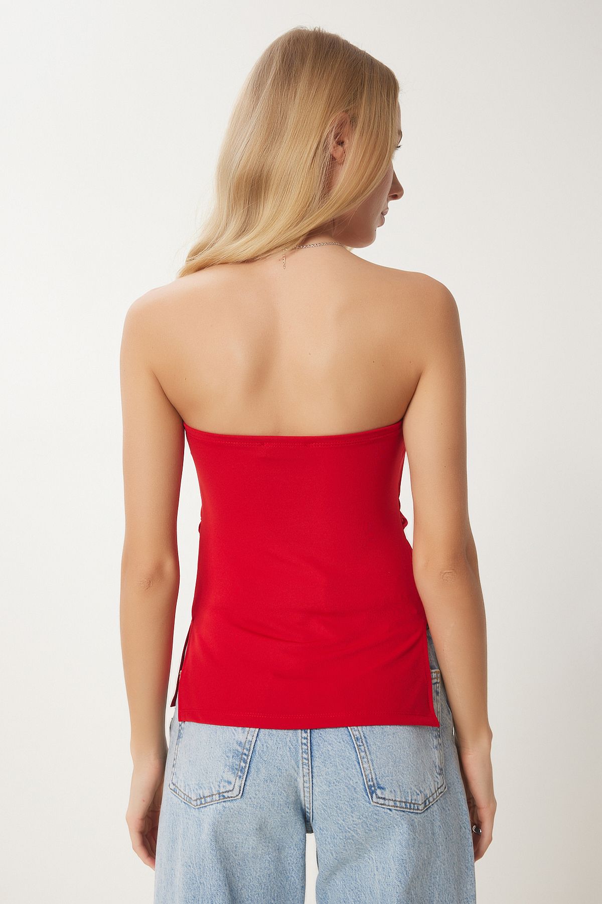 Kırmızı Büzgülü Straplez Örme Bluz UB00343