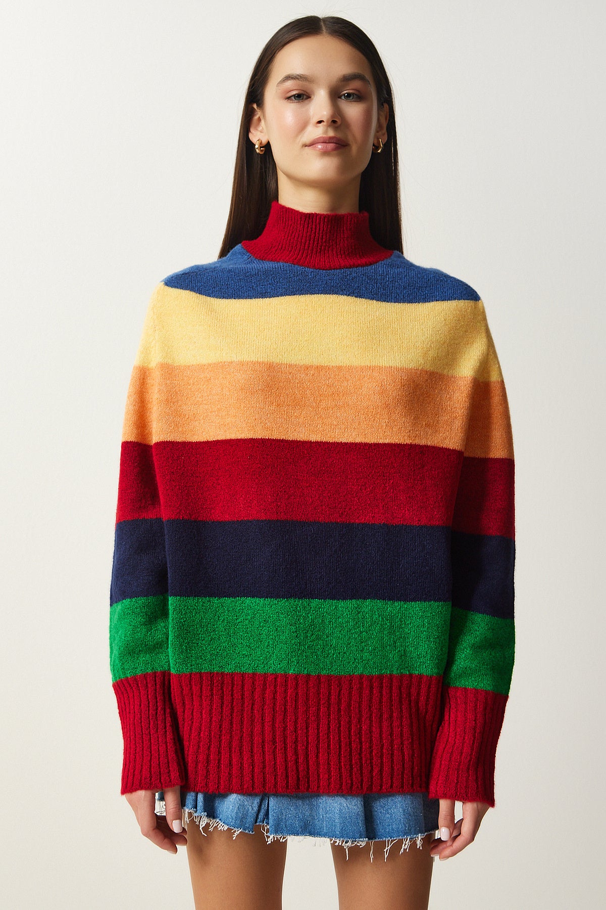 Kırmızı Blok Renkli Çizgili Oversize Triko Kazak MX00149