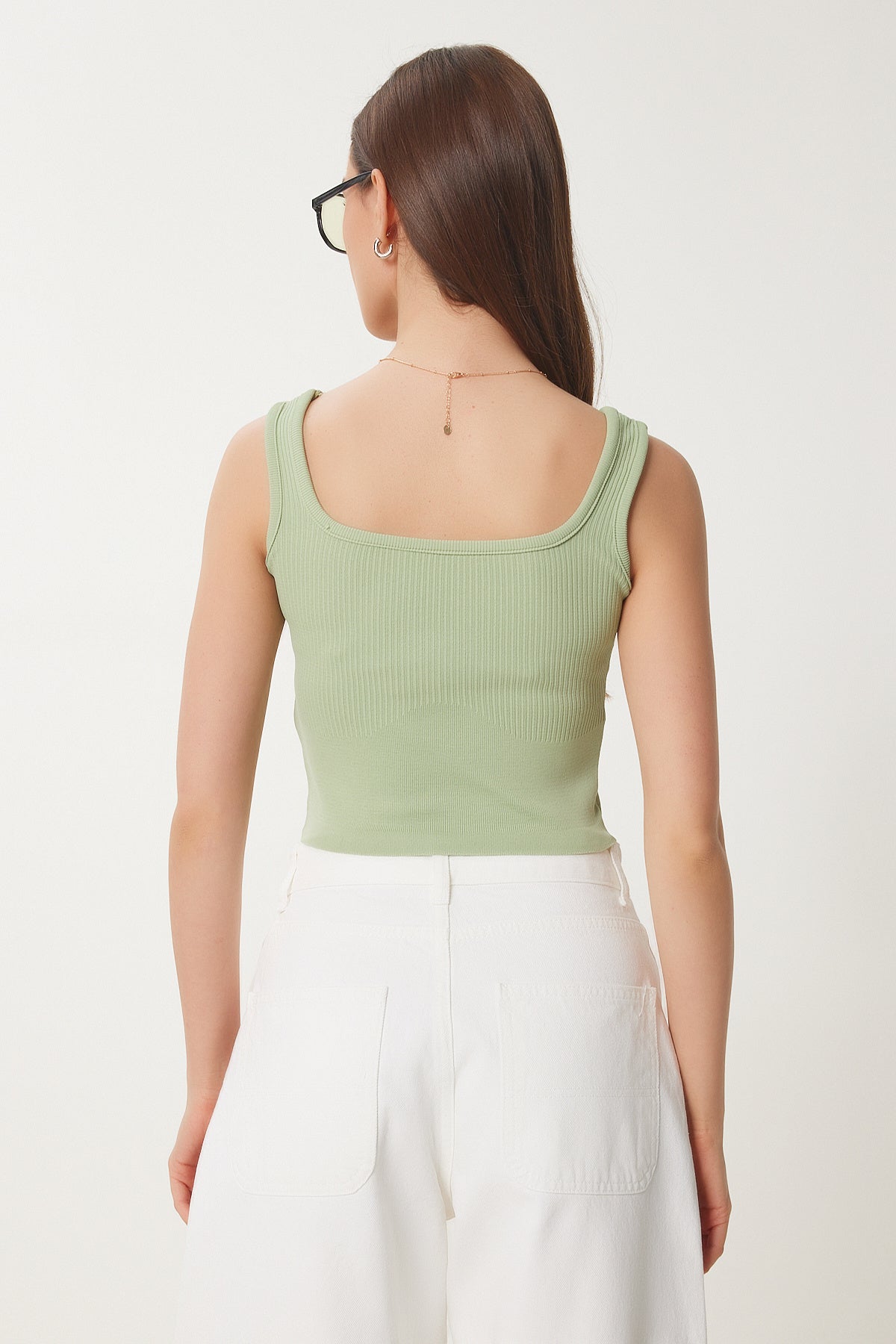 Çağla Yeşili Askılı Crop Triko Bluz CR00522