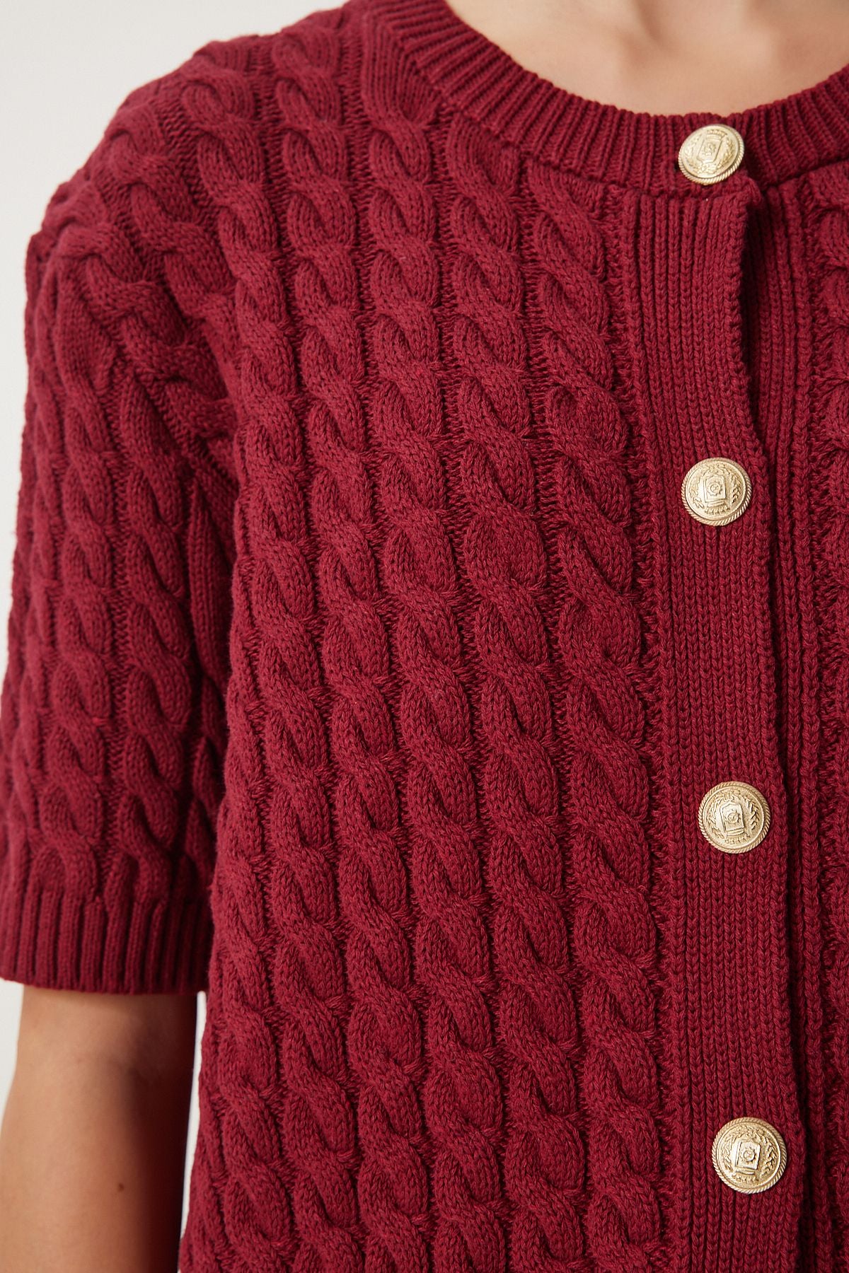 Bordo Bisiklet Yaka Saç Örgülü Triko Hırka US00946