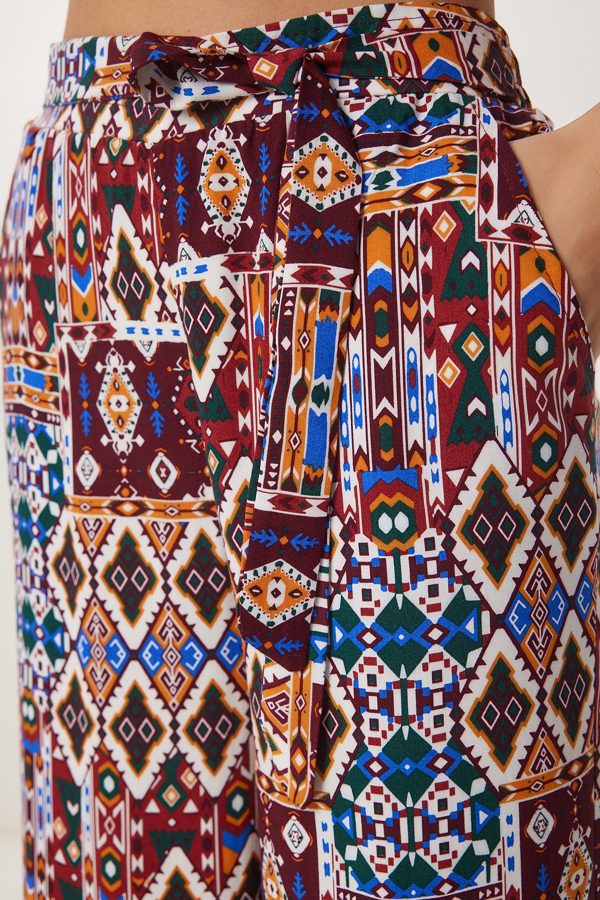 Bordo Oranj Desenli Crop Bluz Pantolon Takım ZV00270