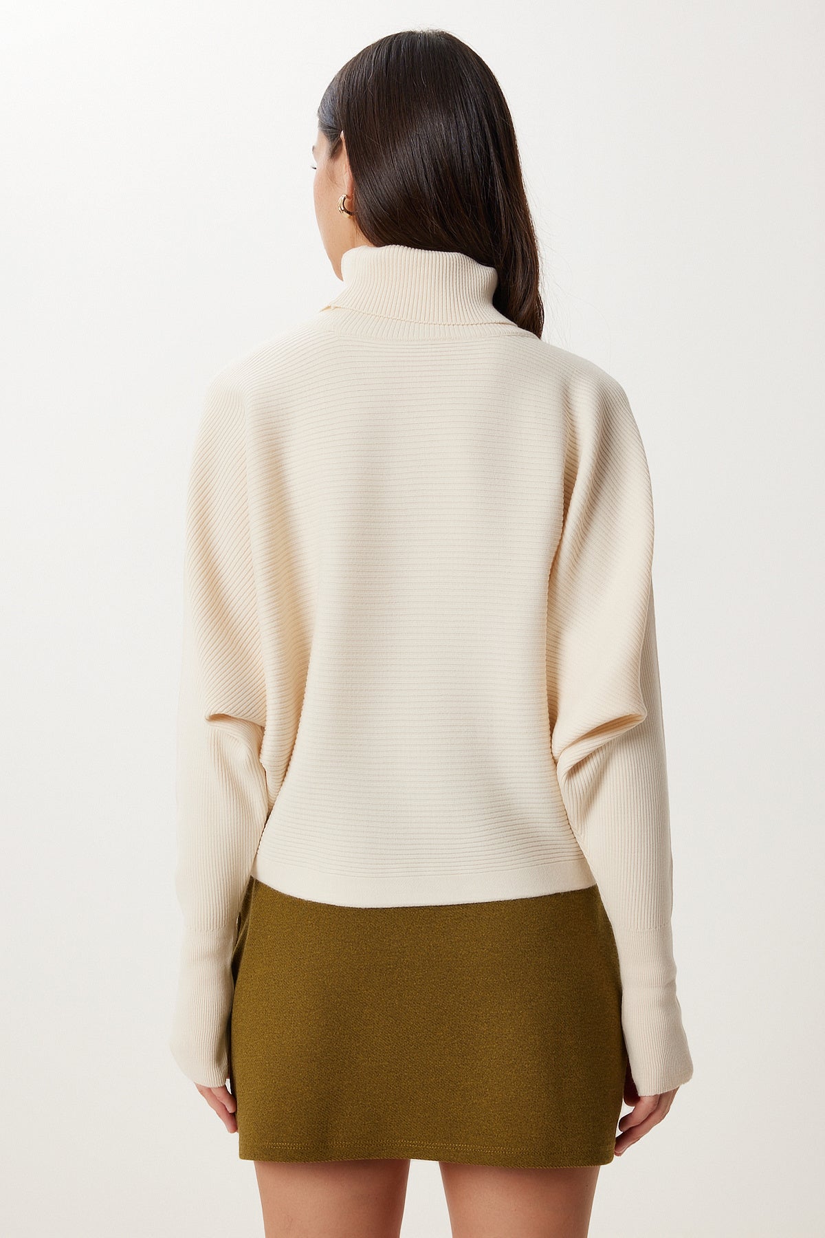 Krem Parmak Geçmeli Crop Fitilli Triko Kazak MX00238
