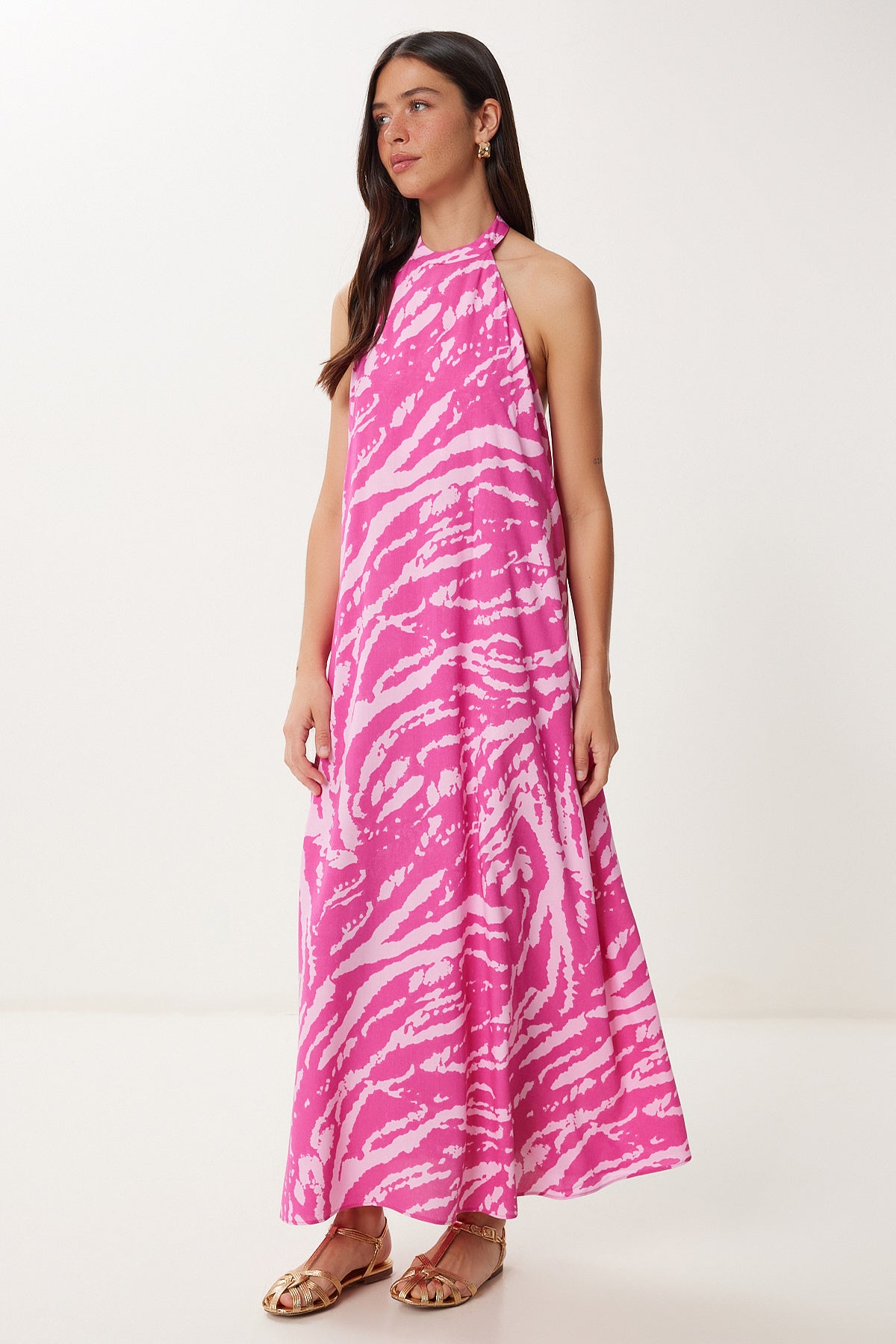 Pembe Halter Yaka Desenli Yazlık Viskon Elbise FG00042
