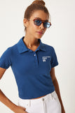 Lacivert Polo Yaka Baskılı Crop Örme T-Shirt AN00205
