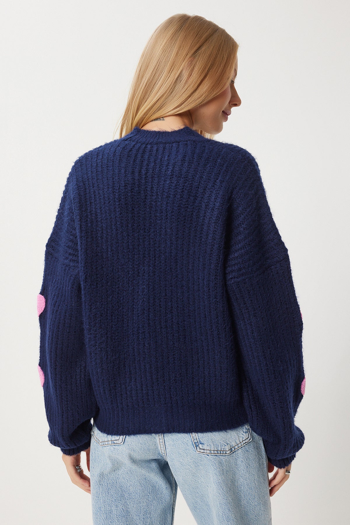 Lacivert Kalp Motifli Oversize Triko Hırka PF00084