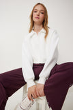Ekru Polo Yaka Şardonlu Crop Örme Sweatshirt HW00014
