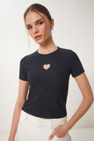 Siyah Kalp Nakışlı Fitilli Örme T-Shirt ZV00289