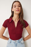 Bordo Polo Yaka Fermuarlı Örme Bluz CI00114