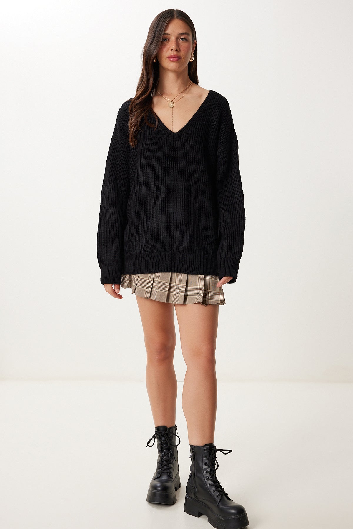 Siyah V Yaka Oversize Basic Triko Kazak MX00130