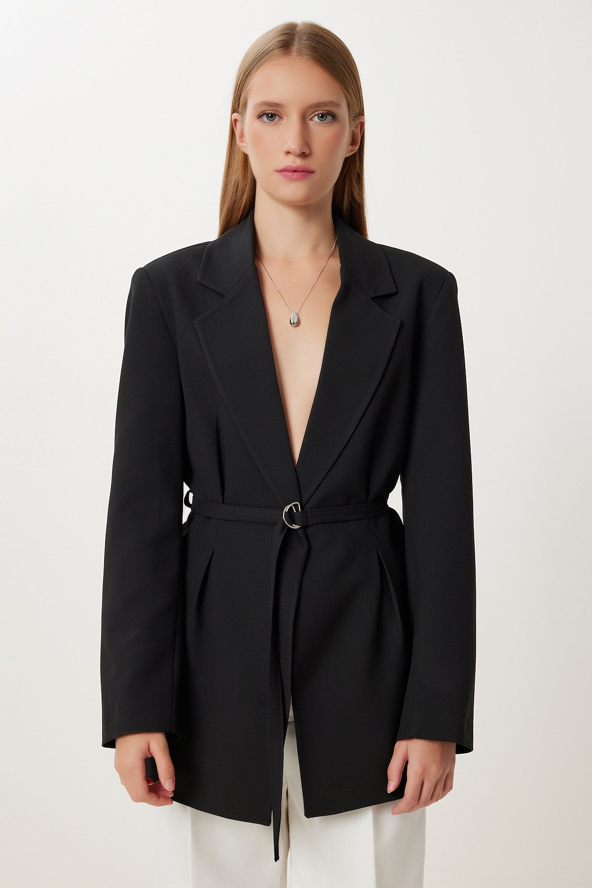 Siyah Vatkalı Kemerli Blazer Dokuma Ceket KT00023
