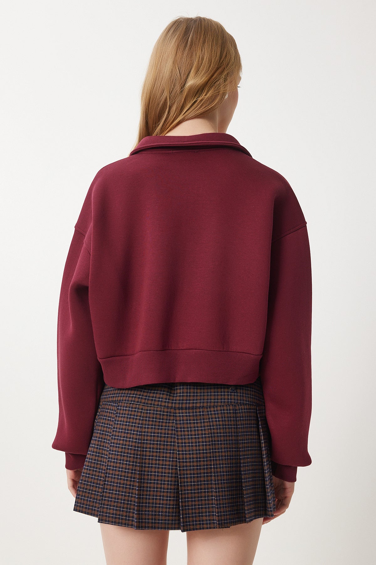 Bordo Polo Yaka Şardonlu Crop Örme Sweatshirt HW00014
