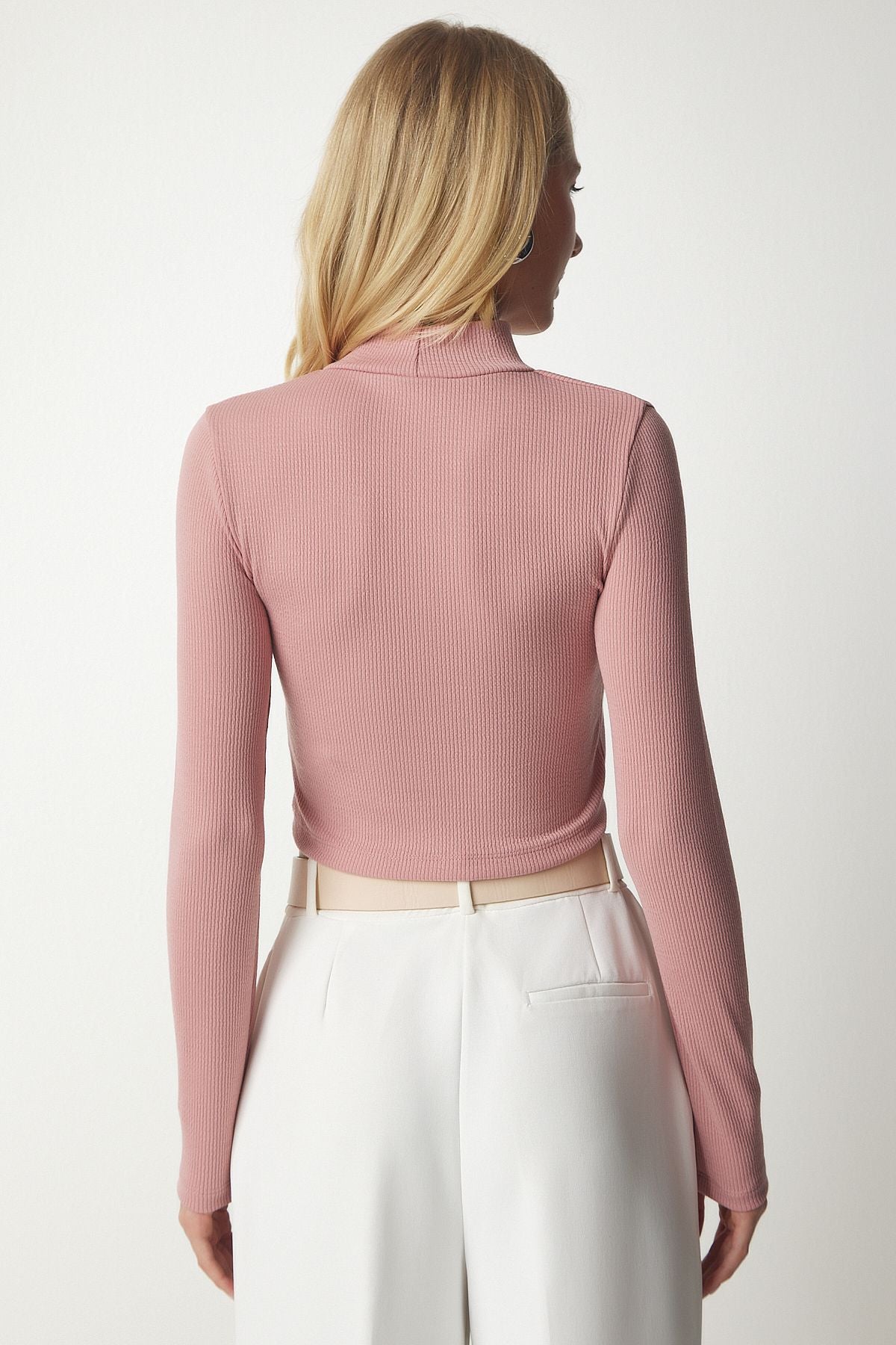 Gül Kurusu Dik Yaka Fitilli Kaşkorse Crop Bluz ub00165
