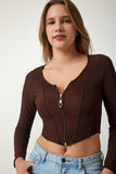Kahverengi Fermuarlı Fitilli Crop Bluz SF00006