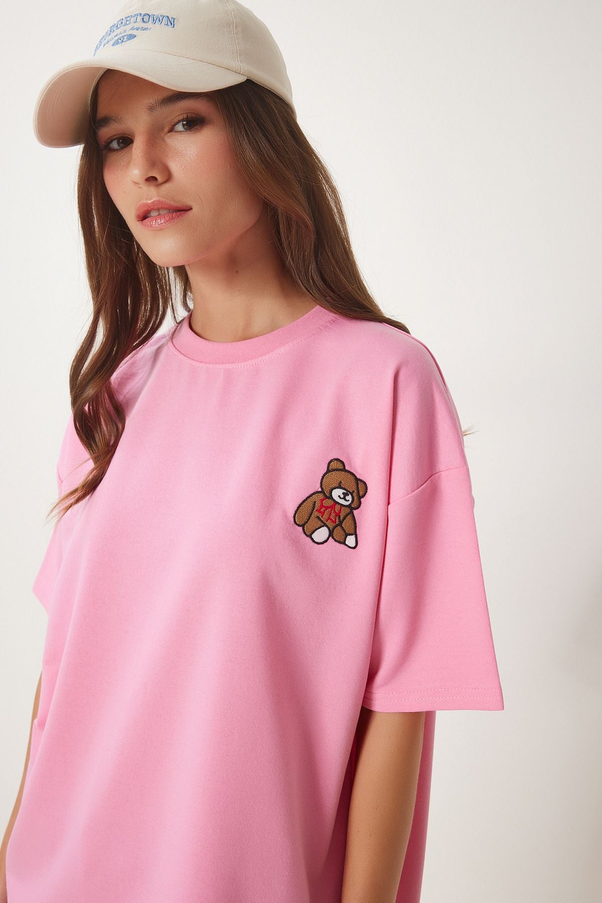 Pembe Ayıcık İşlemeli Oversize Örme T-Shirt ZV00286