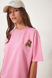 Pembe Ayıcık İşlemeli Oversize Örme T-Shirt ZV00286