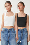 Siyah Beyaz 2'li Paket Fitilli Crop Triko Bluz GA00006
