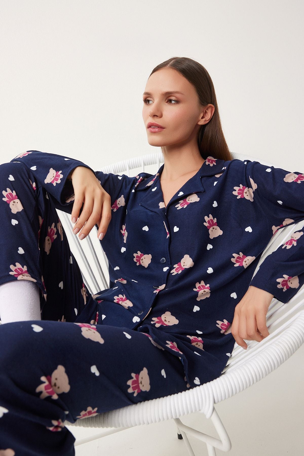 Lacivert Desenli Kadifemsi Dokulu Örme Pijama Takımı FP00008