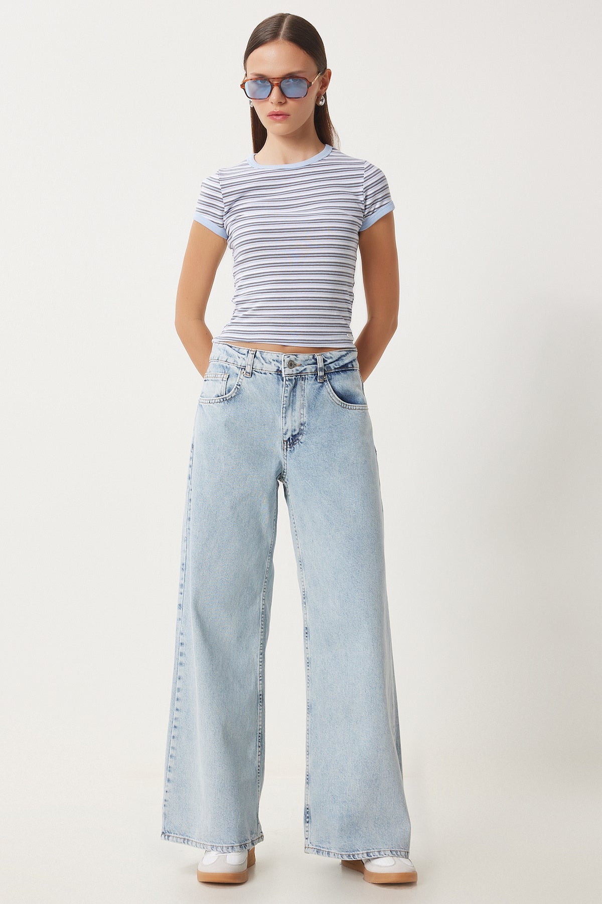 Buz Mavi Orta Bel Wide Leg Jeans RI00005