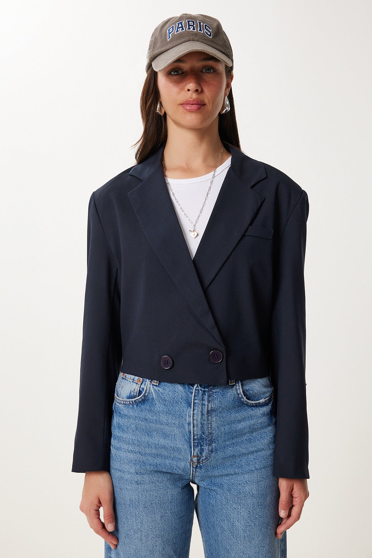 Lacivert Vatkalı Crop Dokuma Ceket RG00077