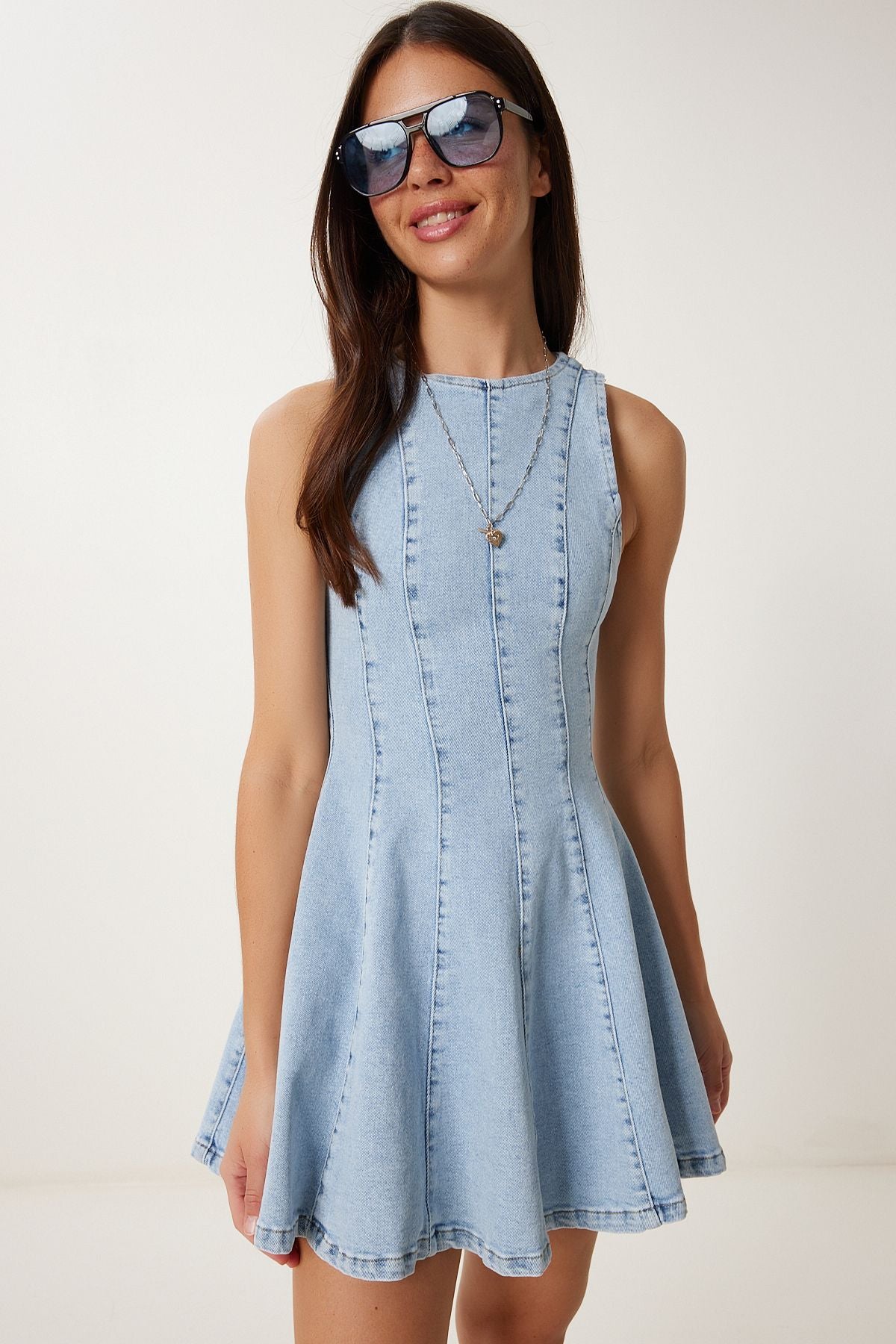 Açık Mavi Volanlı Mini Denim Elbise KQ00012