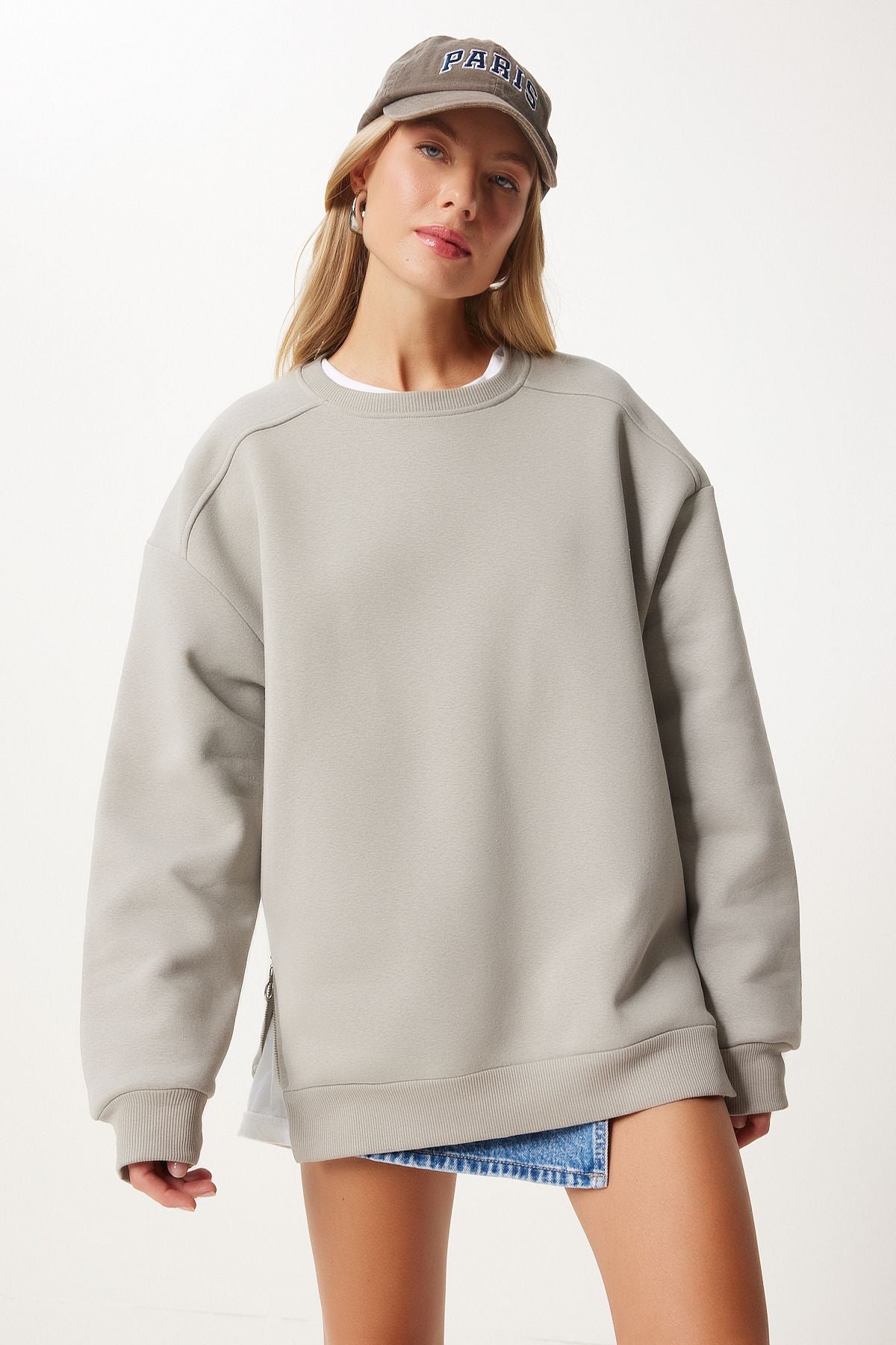 Taş Grisi Fermuar Detaylı Şardonlu Örme Sweatshirt UB00148