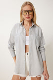 Açık Gri Oversize Kırışık Dokuma Gömlek AN00249