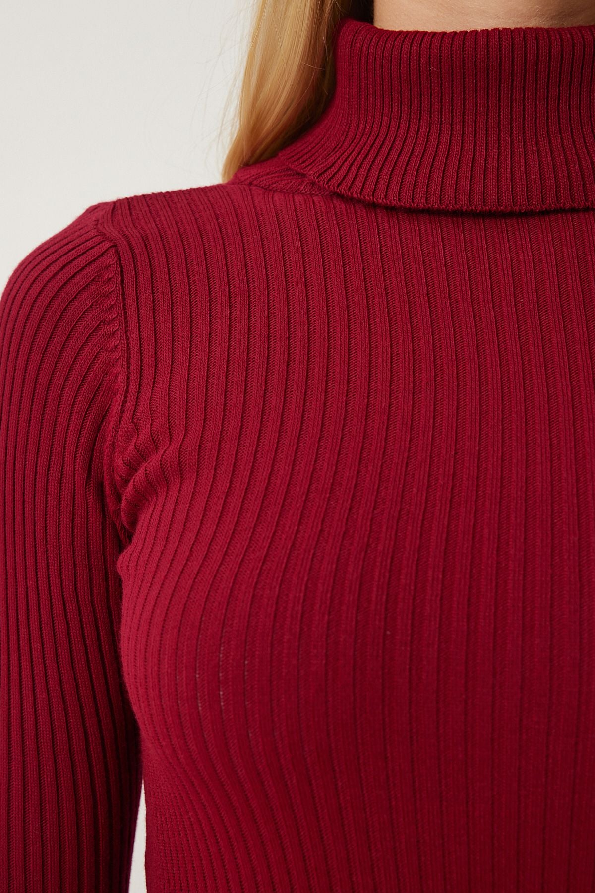 Bordo Boğazlı Fitilli Likralı Kazak DD01007