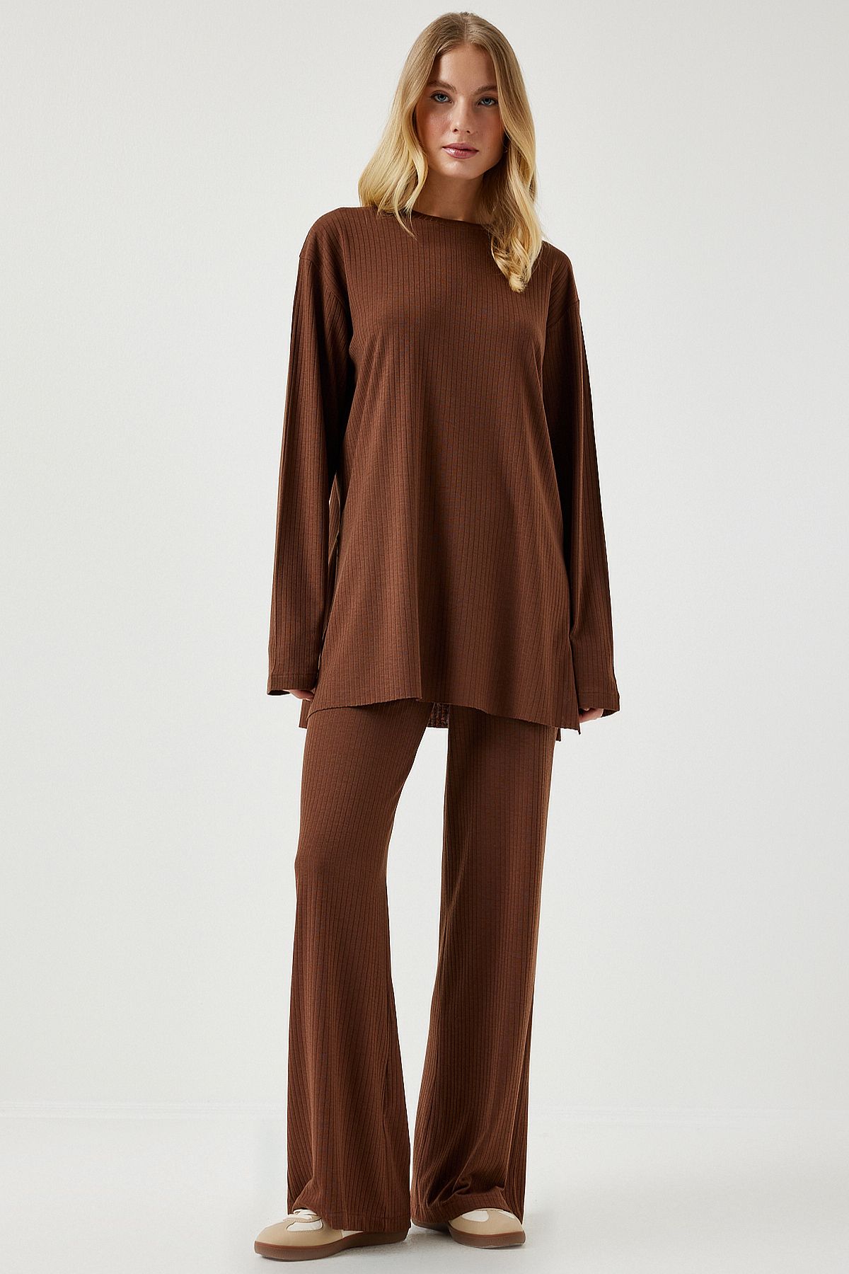 Kahverengi Fitilli Örme Bluz Pantolon Takım KH00088