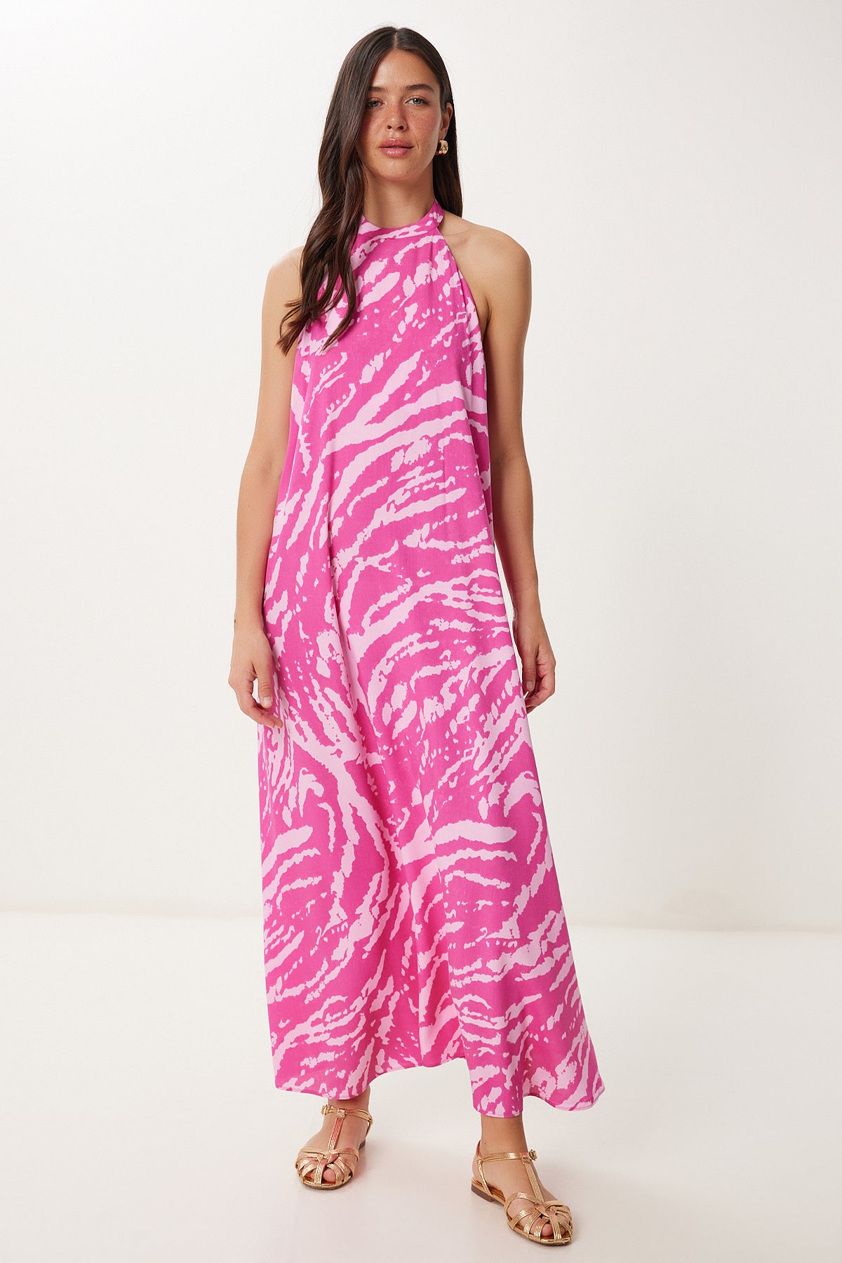 Pembe Halter Yaka Desenli Yazlık Viskon Elbise FG00042