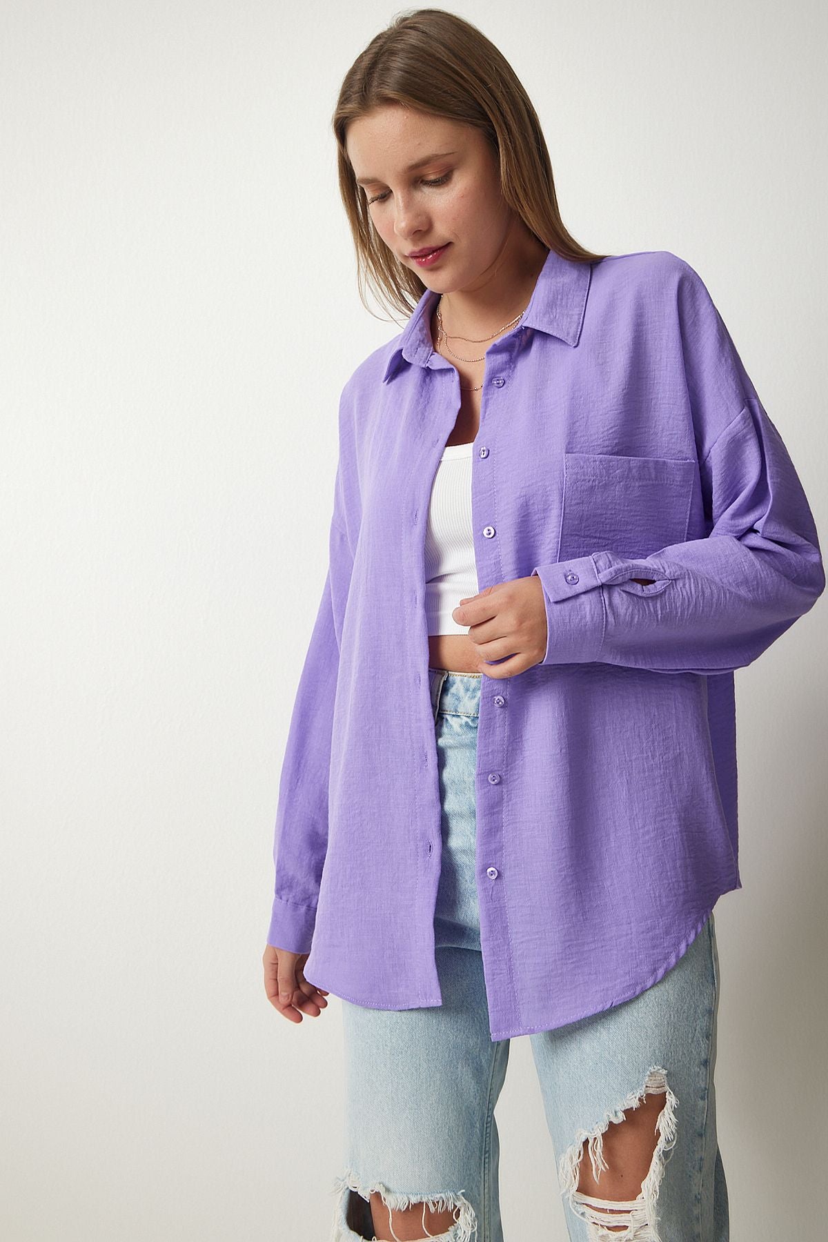 Lila Oversize Keten Ayrobin Gömlek DD01222