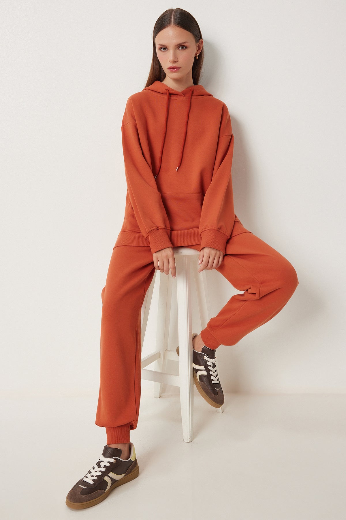 Kiremit Kapüşonlu Sweatshirt Jogger Oversize Örme Eşofman Takımı PYS0027