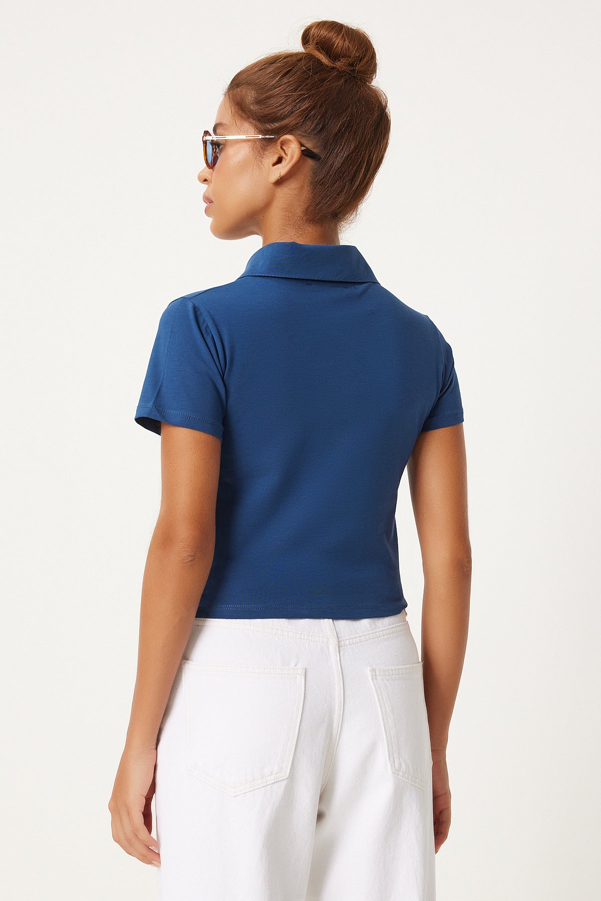 Lacivert Polo Yaka Baskılı Crop Örme T-Shirt AN00205