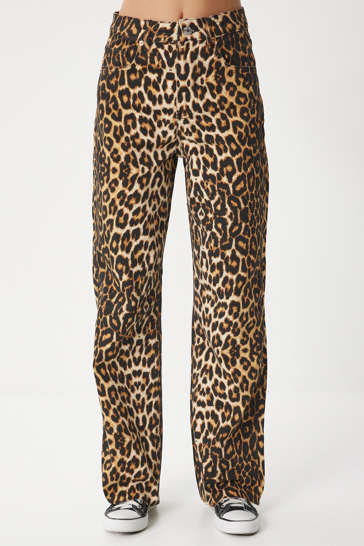 Siyah Bej Leopar Desenli Straight Jeans RH00029