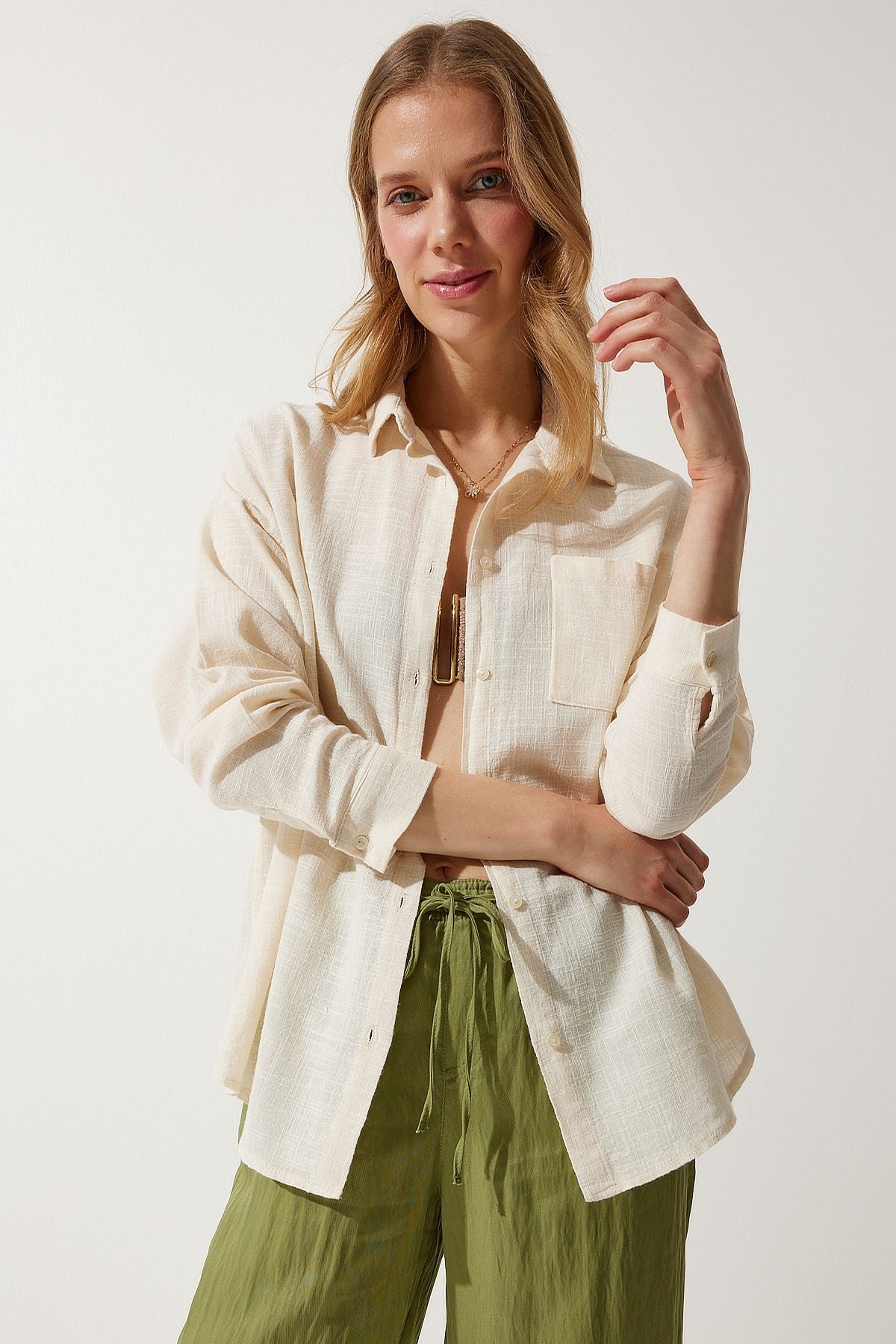 Krem Cepli Oversize Keten Gömlek MX00152