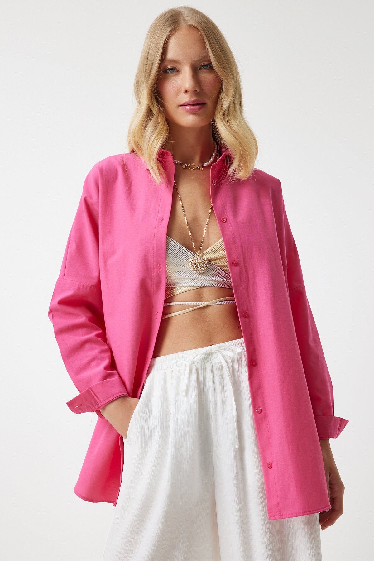 Koyu Pembe Oversize Uzun Basic Gömlek  DD00842