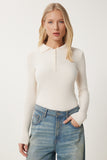 Krem Polo Yaka Fitilli Triko Kazak US00954