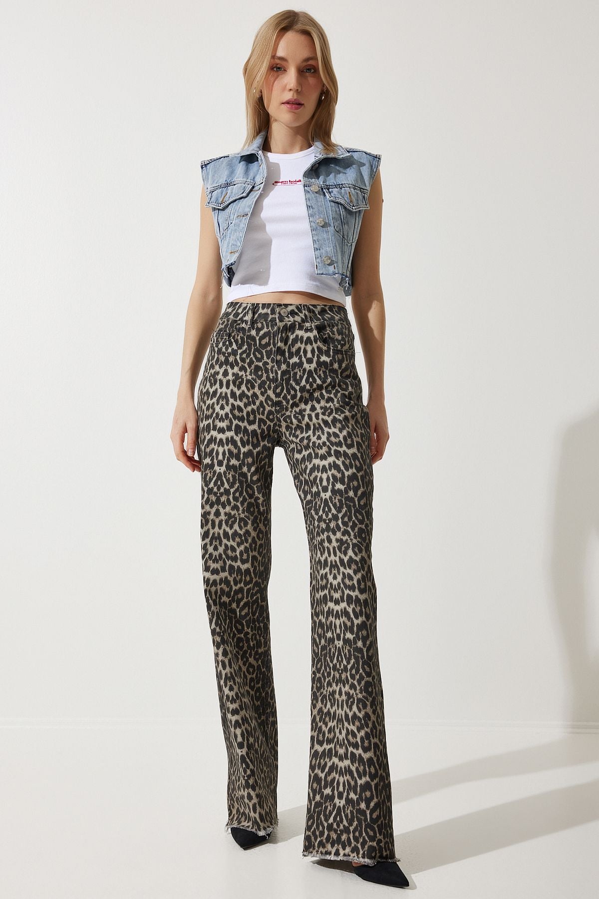 Siyah Bej Leopar Desenli Palazzo Jean VC00002