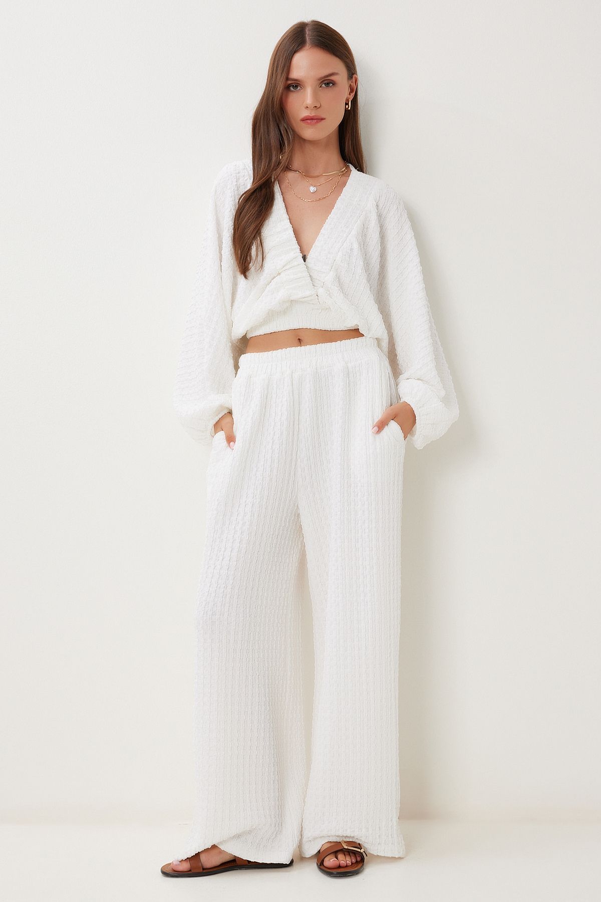 Ekru Dokulu Bluz Pantolon Takım RV00214