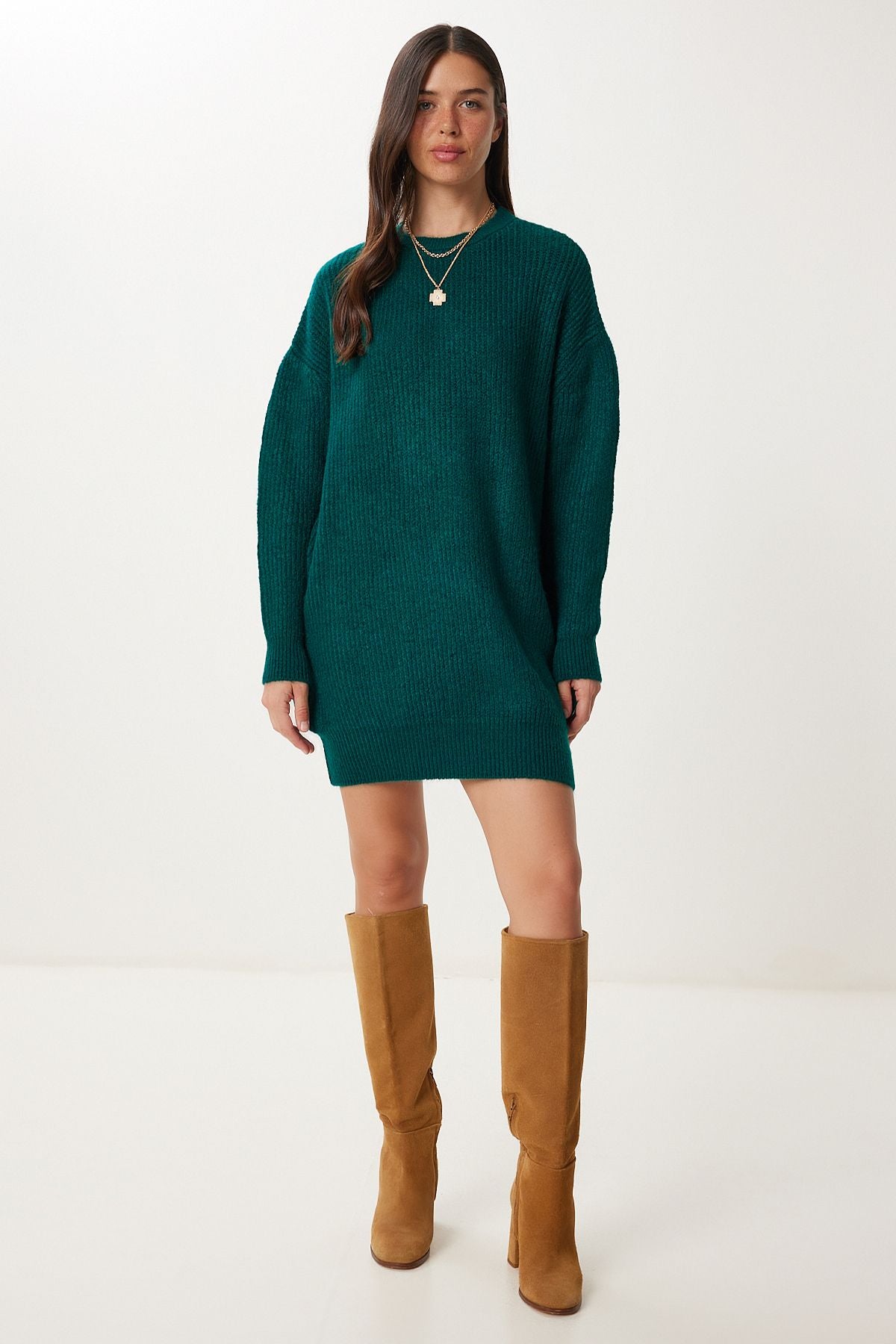 Zümrüt Yeşili Oversize Uzun Basic Triko Kazak BV00099