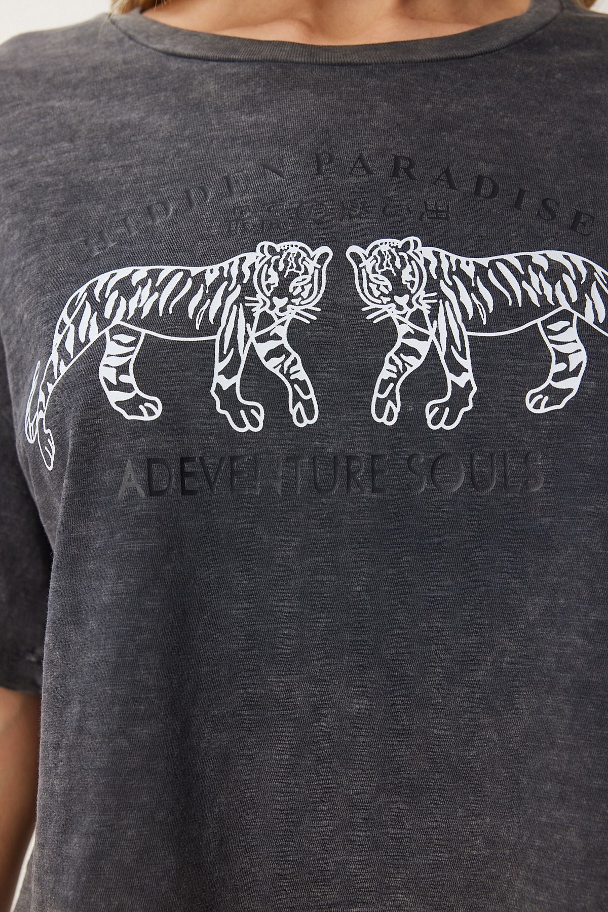 Antrasit Baskılı Yıkamalı Crop Örme T-Shirt AN00221
